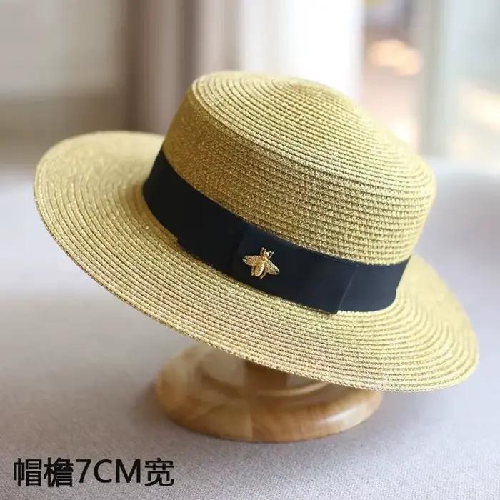 Chapeau de paille Bee, chapeau d'été à calotte plate, chapeau de paille français élégant pour femme,