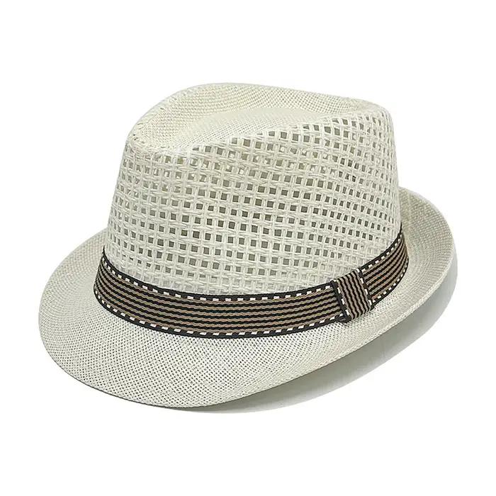 Chapeau de paille d'été tendance pour homme, creux, pour voyage et plage, couleur unie, à large bord