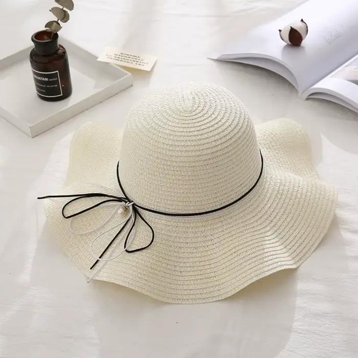 Chapeau de paille pliable à large bord style français avec perles, idéal printemps-été, pour voyage,