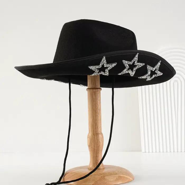 Chapeau de cowboy occidental décontracté brillant, style ethnique, avec étoiles scintillantes et str