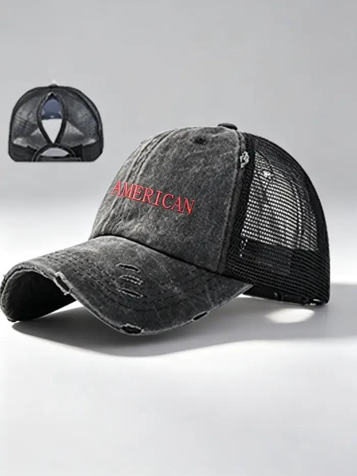 Casquette de baseball rétro pour femme, effet vieilli, avec imprimé « AMERICAN », pour queue de chev
