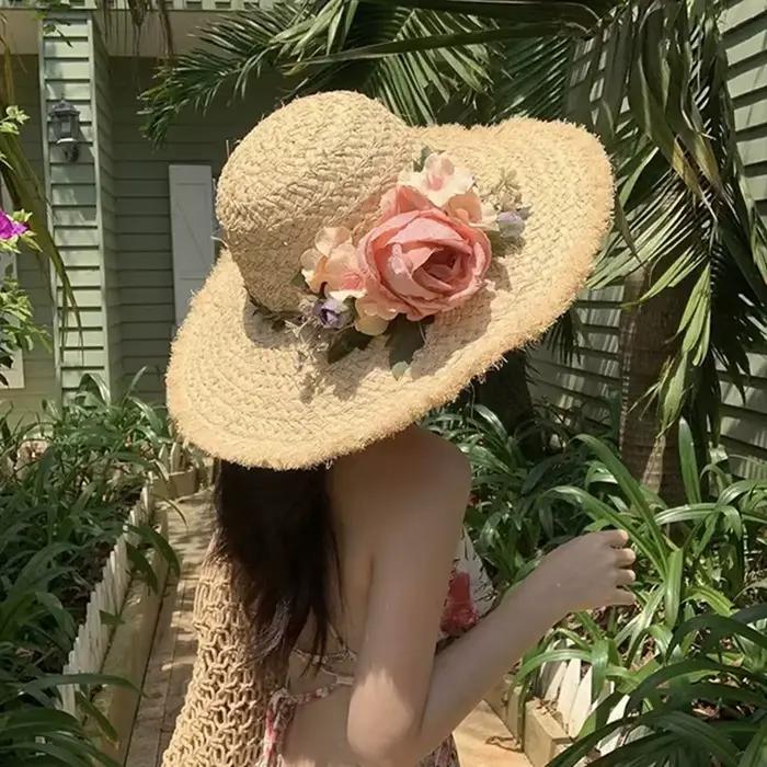 Chapeau de paille en raphia pour femmes, décoration de fleur de rose, chapeau de soleil d'été à larg