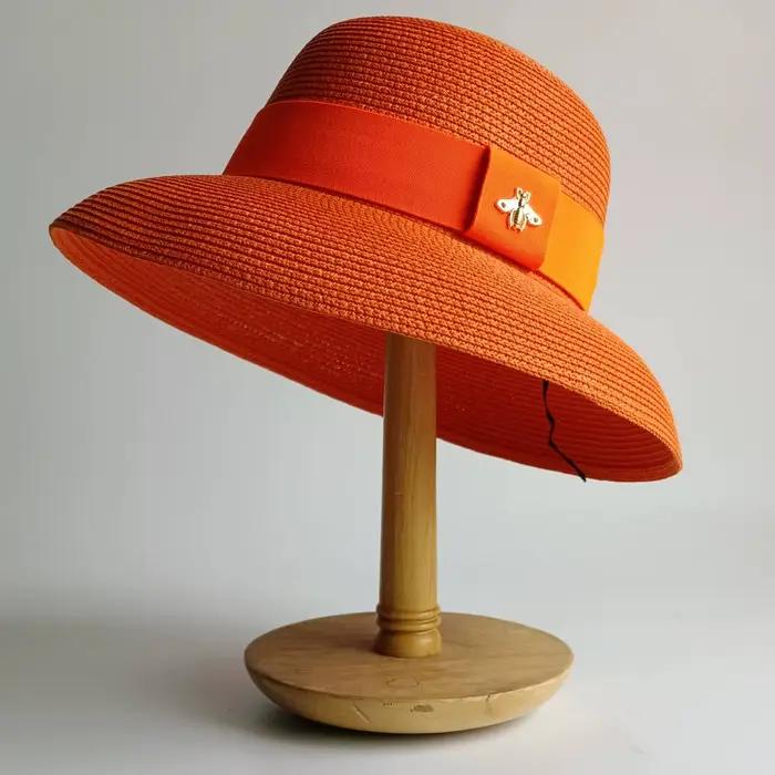 Chapeau de paille d'été pour femmes, chapeau de plage, bord de mer, chapeau de soleil, vacances, nœu