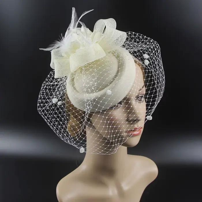 Rétro femmes voile Sinamay fleur plumes Fedoras chapeau fascinateurs chapeau bandeau pince à cheveux