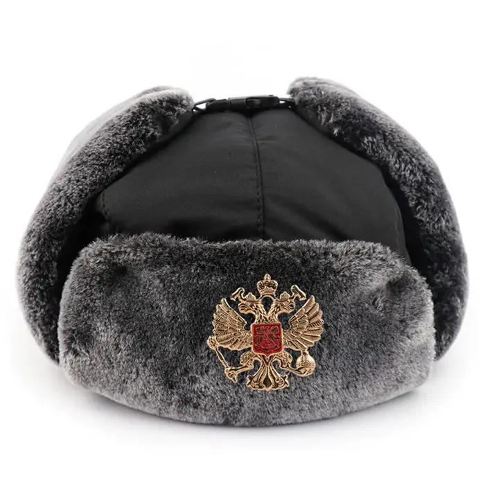 Chapeau d'hiver pour homme, chapeau de trappeur russe, avec Badge soviétique, fausse fourrure, rabat