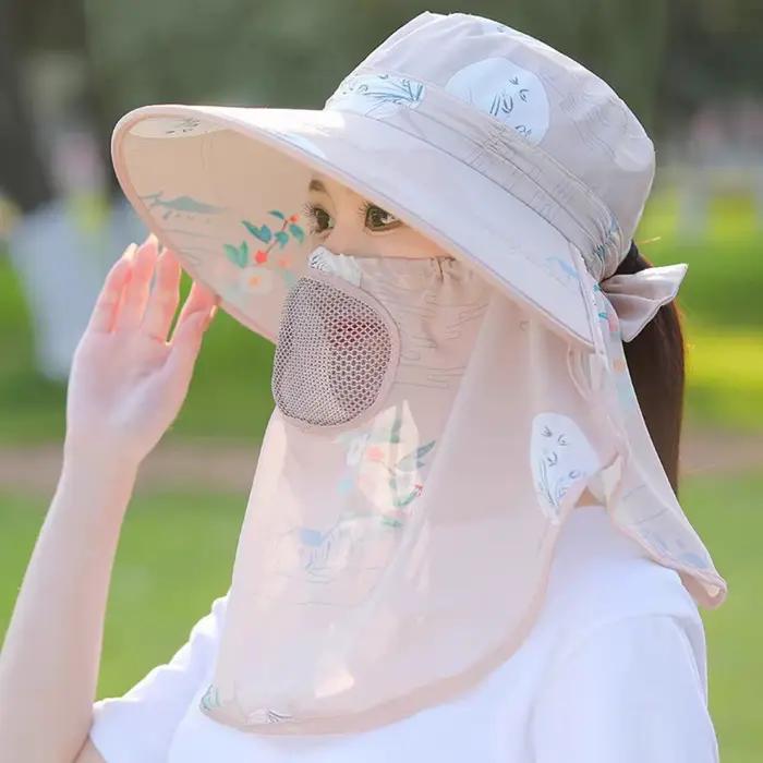 Chapeau de pêche pour femme avec protection solaire UV, large bord, cache-visage amovible, protège-n