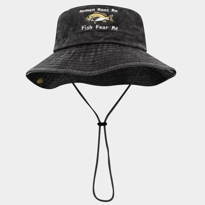 Mode été printemps extérieur brodé seau chapeau femmes veux-moi poisson peur moi large bord chapeau 