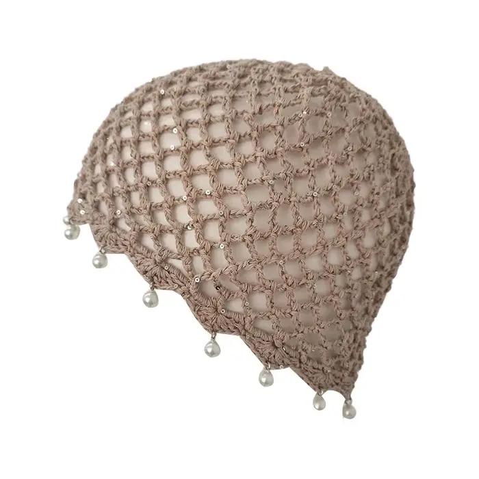 Chapeau pull-over ajouré à sequins, style bohème avec pompon perlé, respirant, tricoté, accessoire d