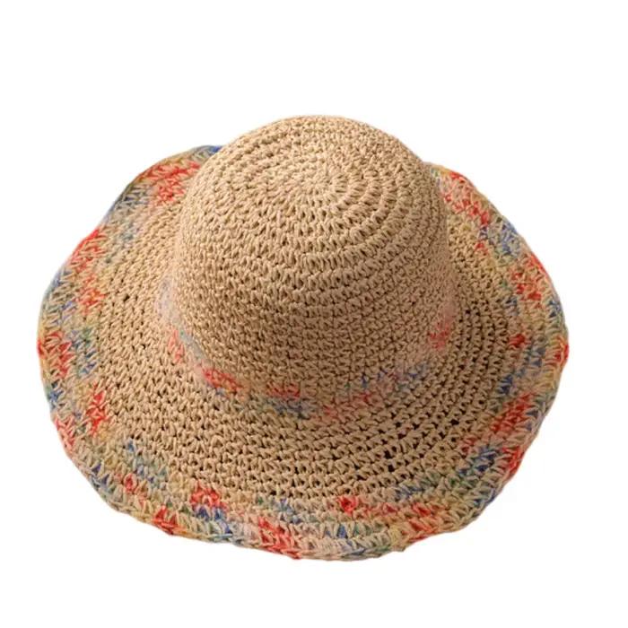 Chapeau de paille décontracté coloré à large bord, style bohème, respirant, tressé, pliable, léger, 