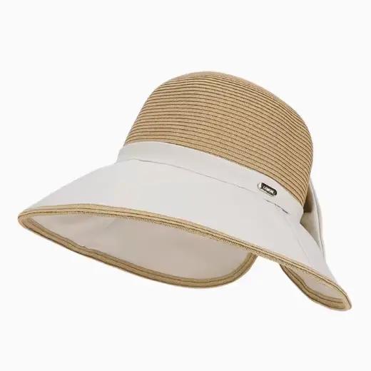 Chapeau de soleil en paille pour femme avec nœud, large bord anti-UV avec protection du cou, respira