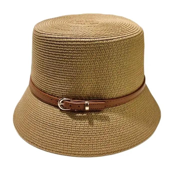 Chapeau de plage en paille pour femme, casquette de soleil, protection UV, dessus plat, décoration d