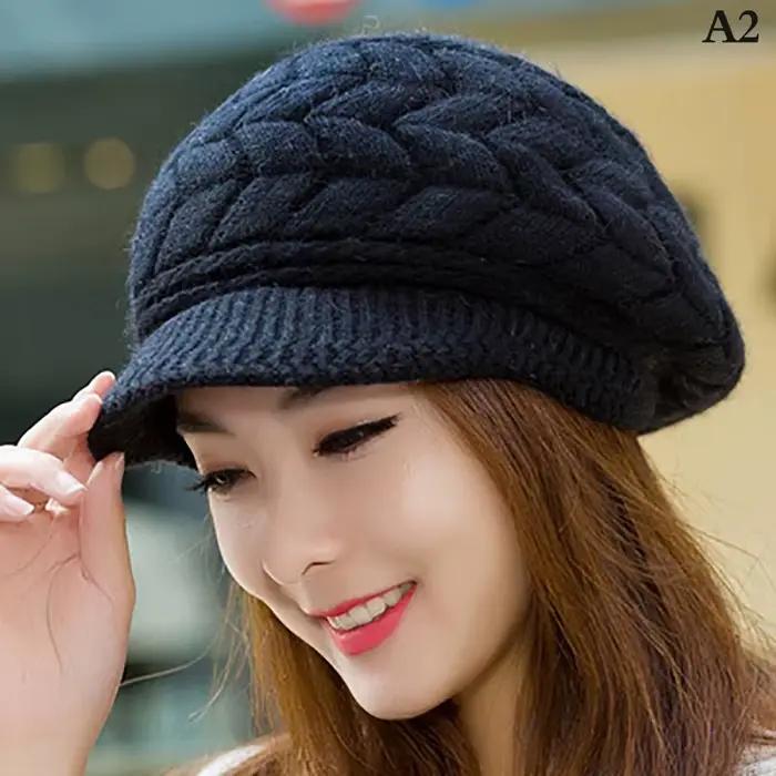 Chapeau tricoté chaud pour femme, Double couche, en velours, visière, décontracté, pour l'hiver