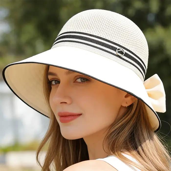 Chapeau de soleil pour femme avec nœud, à large bord, idéal pour les activités estivales en extérieu