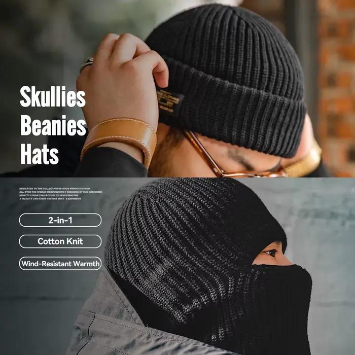 Bonnets d'hiver pour hommes Maden, bonnets en tricot noir en coton mélangé, écharpes, masques de bal