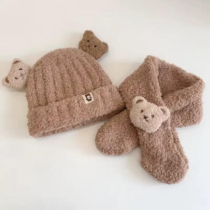 Chapeau et écharpe pour bébé, ensemble chaud d'hiver pour filles et garçons, ours de dessin animé, v