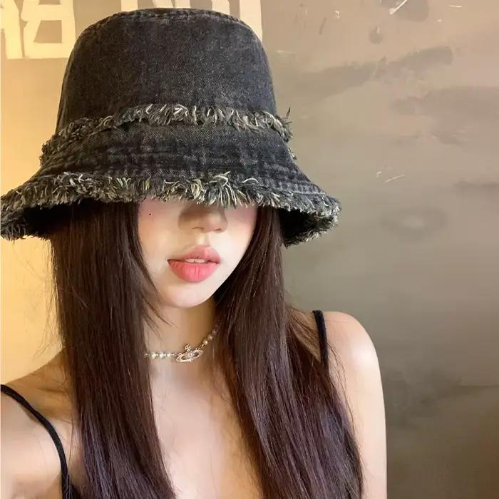 Chapeau seau en Denim à bord rugueux délavé japonais, tendance de rue, pare-soleil polyvalent, casqu