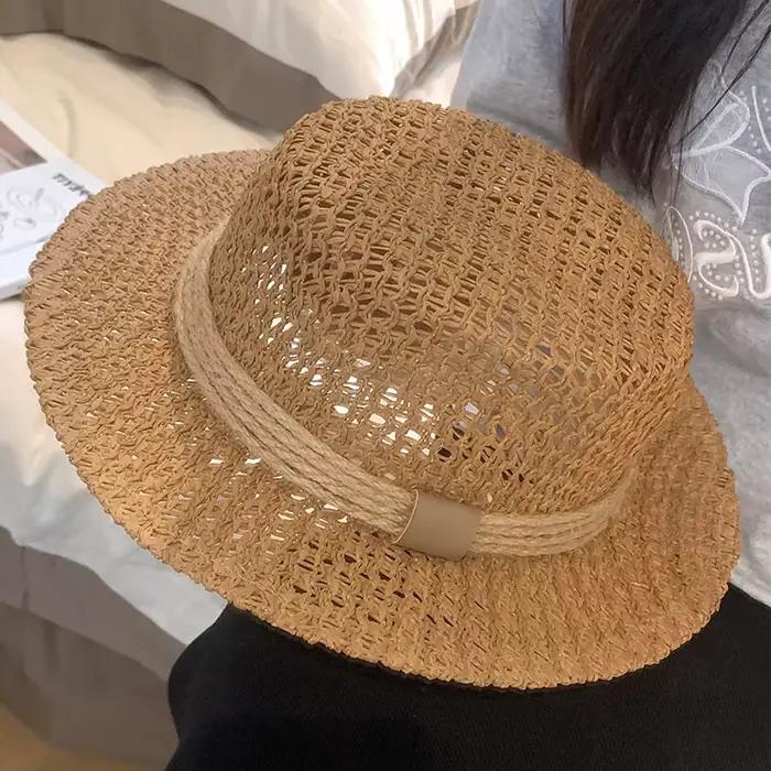 Chapeau de soleil vintage en paille tressée ajourée à large bord, respirant, style Panama, avec band