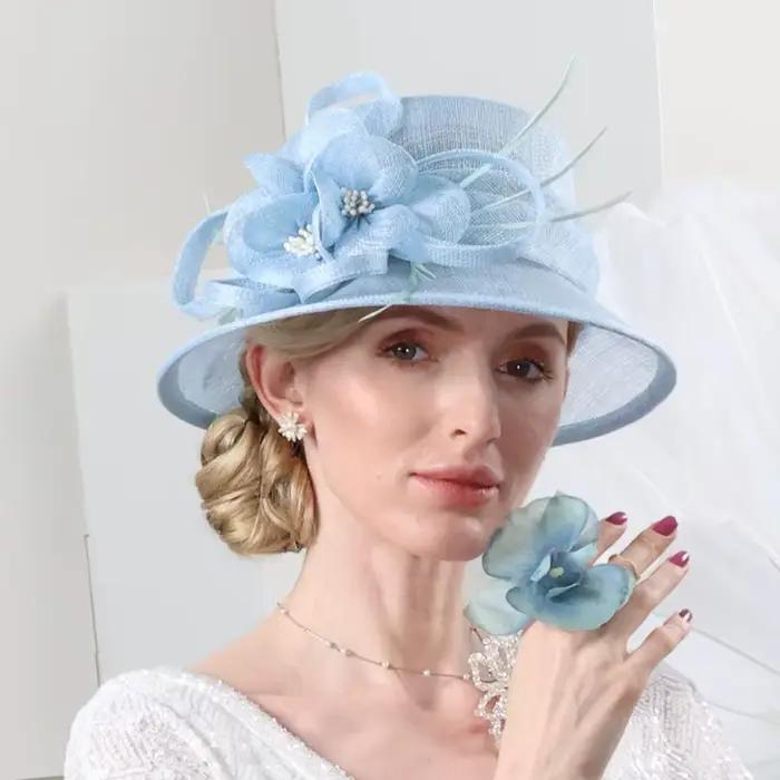 Chapeau Fedora à large bord en sinamay bleu et blanc FS British pour femme, élégant avec fleur, idéa