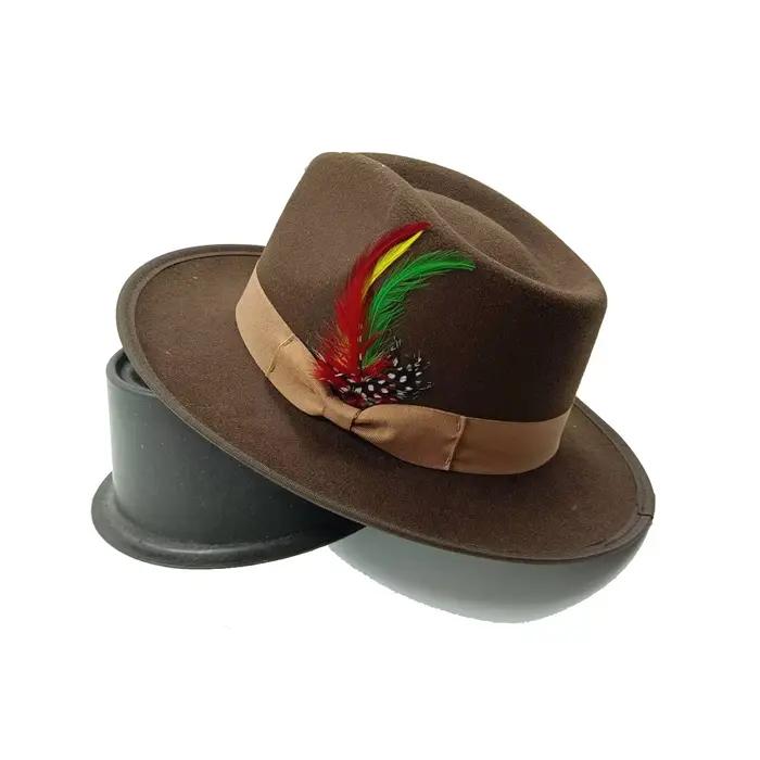 Chapeau en feutre doux classique pour homme, haut goutte d'eau, petit dessus plat, plume de perle, c
