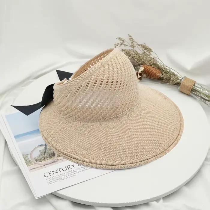 Chapeau de paille pliable pour femmes, chapeau de plage à grand bord, grands nœuds, protection UV, c