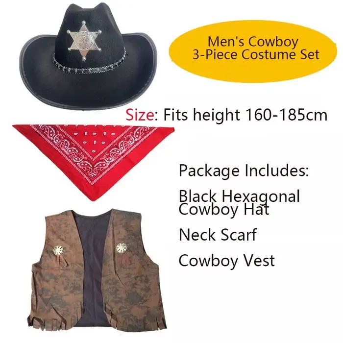Ensemble de costume de cowboy 3 pièces avec chapeau, bandana et gilet, tenue de style western pour H
