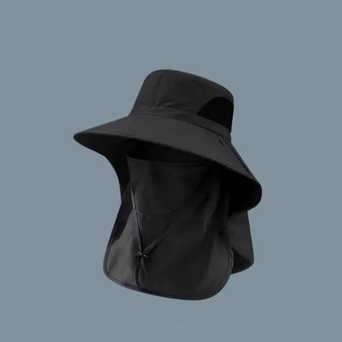 Chapeau de pêcheur à cordon amovible avec protection pour le cou, séchage rapide, large bord, masque