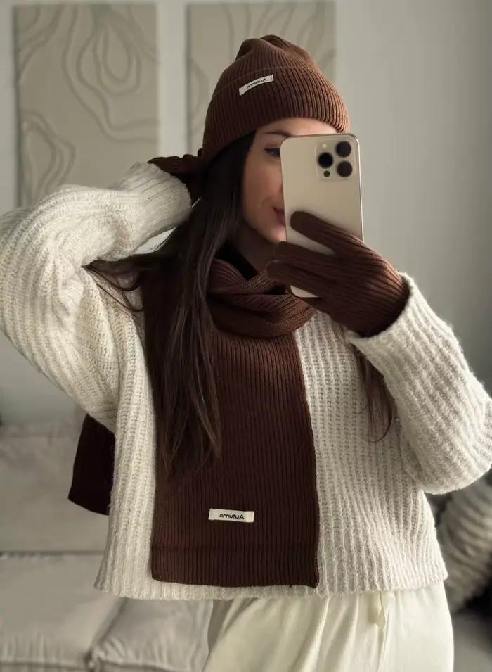 Ensemble bonnet écharpe et gants pour femme, gris, bordeaux, confortable, doux, décontracté, chaud, 