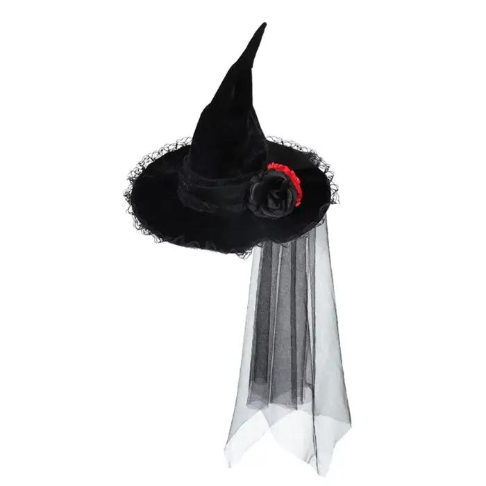 Chapeau de Sorcière Baroque pour Halloween, 1 Pièce, Gothique, Reine, Maille, Fleur Artificielle, Ro