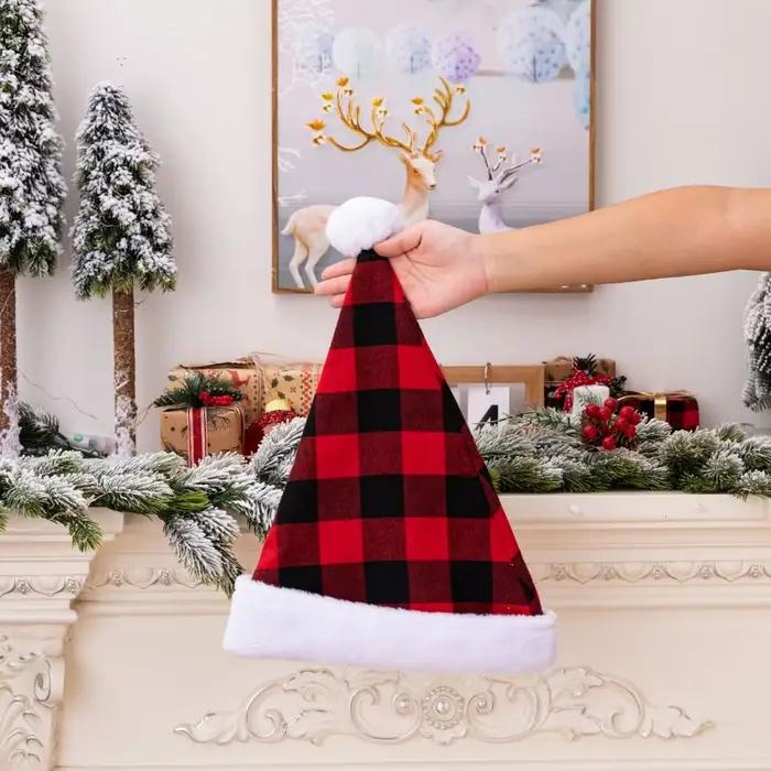 Joyeux Noël Décoration Chapeau de Noël Père Noël Nouvel An Habiller Chapeau de Père Noël Plaid Style