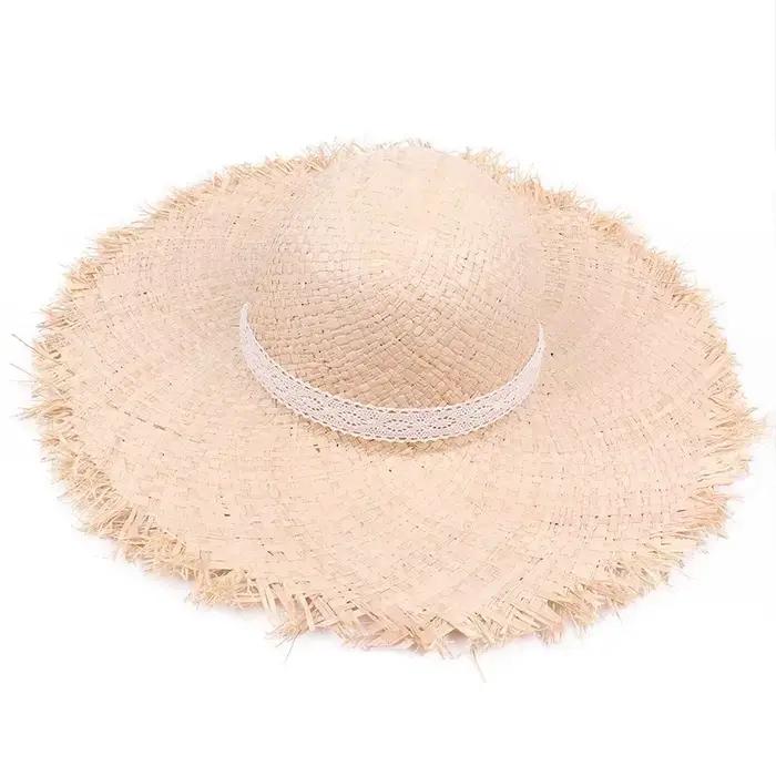 Chapeau d'été en raphia pour femmes, en paille, avec large ceinture en dentelle, élégant, de plage, 
