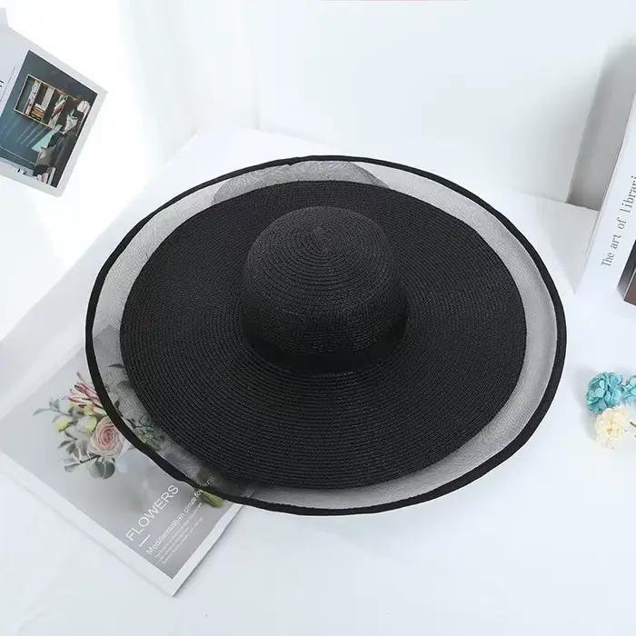 1 pièce Chapeau de soleil à grandes bords ondulés pour femme, Chapeau de plage en paille d'été, Visi