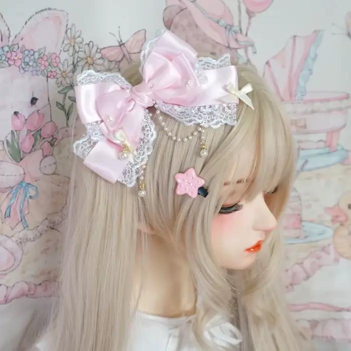 Couvre-chef Lolita grand nœud en dentelle rose perle KC, couvre-chef de princesse mignon, pince à ch