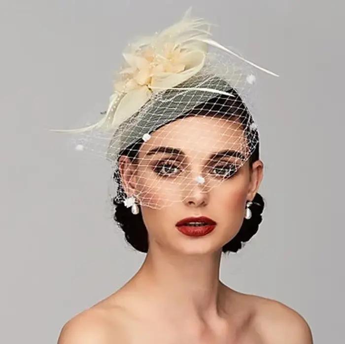 Chapeau haut de forme pour femme, élégant, pour l'église, les fêtes, en maille, fleurs, mariage, acc