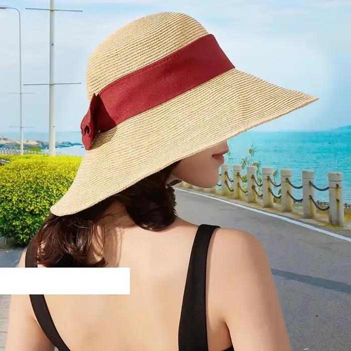 Chapeau de paille à nœud japonais pour femmes, à large bord façonnant les chapeaux de soleil d'été p