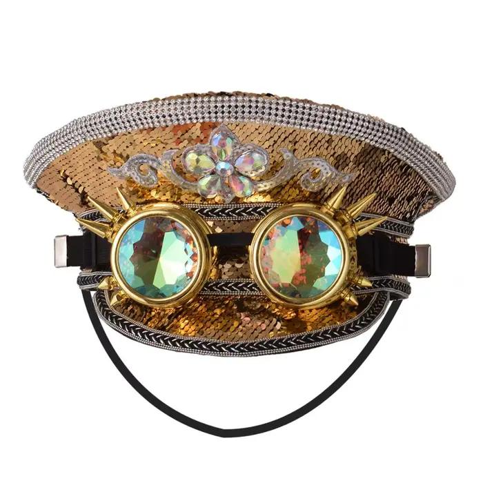 Casquette militaire pour femmes, chapeau Steampunk avec lunettes, luxe, fierté, strass, paillettes, 