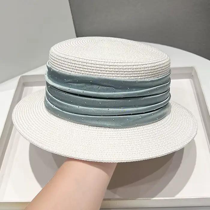 Chapeau d'été en lin pour femmes, chapeau britannique à dessus plat, respirant, loisirs, perle, Sati