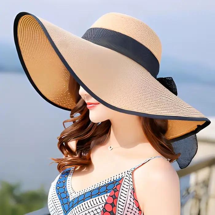 Chapeau de soleil en paille pour femme, pliable, protection UV, large bord, chapeau de pêcheur d'été