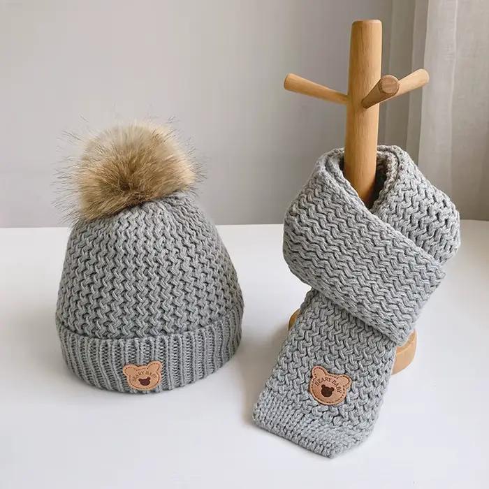 Ensemble chapeau et écharpe en tricot Double vague doublé polaire pour enfants, motif ours, avec pom
