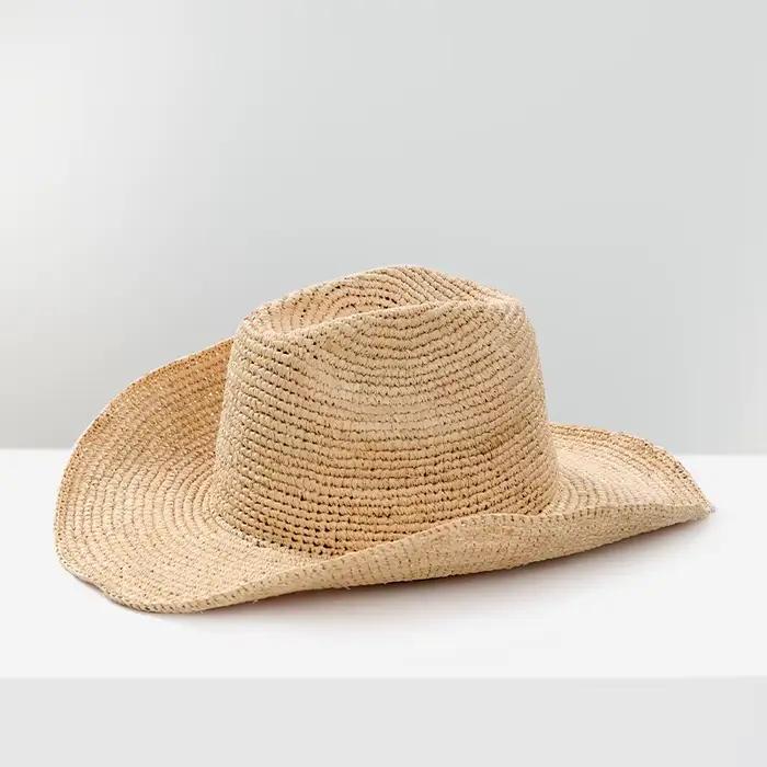 Chapeau de soleil en paille de raphia fait à la main pour femmes, chapeau de cowboy au crochet à lar