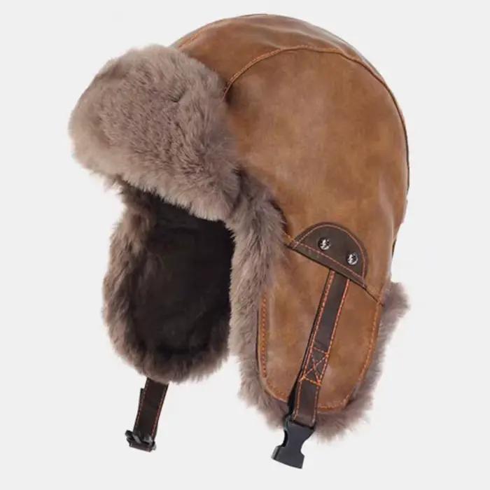 HT4986 Bomber chapeau nouveau cuir PU chapeaux d'hiver pour hommes femmes imperméable neige Ski trap