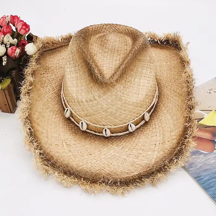 Chapeau de paille à large bord frangé avec bande de coquille Panama chapeau Cowboy Cowgirl chapeau p