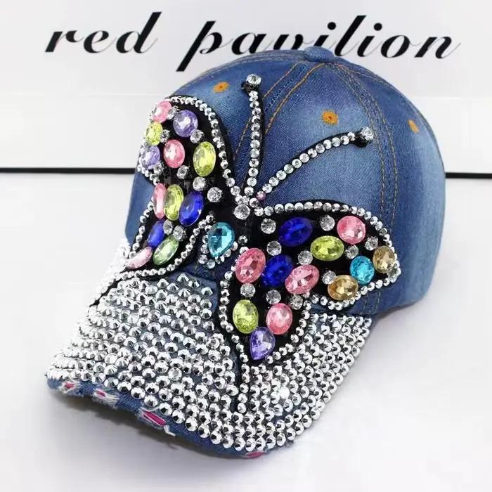 Casquette de Baseball d'automne femmes plein cristal coloré grand papillon chapeau Denim Bling stras