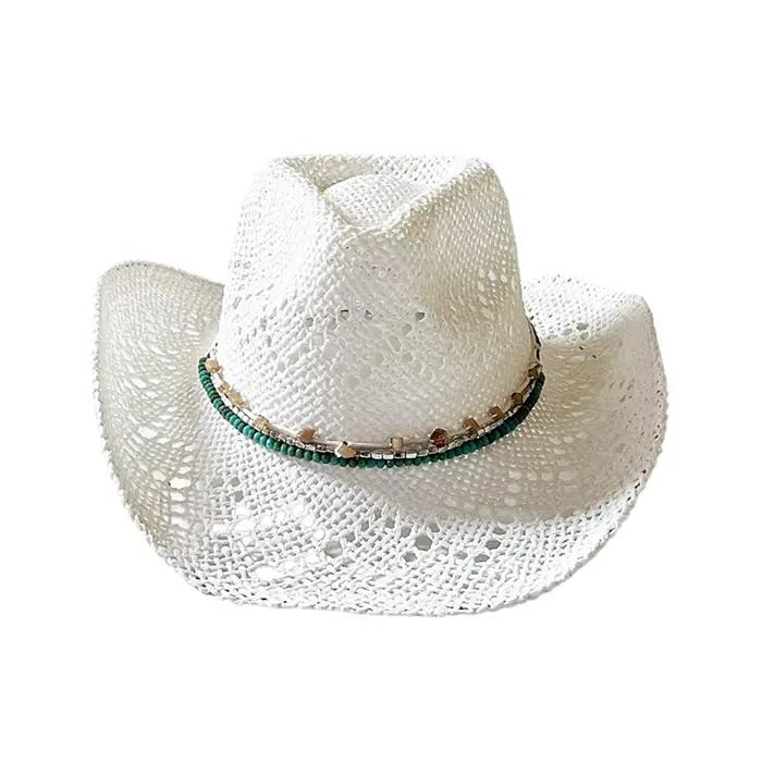 Chapeau de cow-girl en paille creuse, casquettes occidentales à bord retourné avec ceinture perlée, 