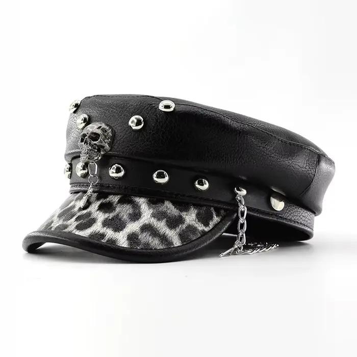 Béret en cuir PU pour femmes, Style Punk, Vintage, casquette militaire à dessus plat, casquette mili