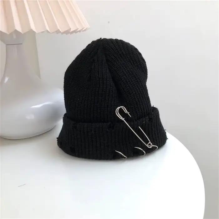 Bonnet en laine tricoté pour femmes et hommes, style hip-hop urbain, avec bordure perforée, tendance