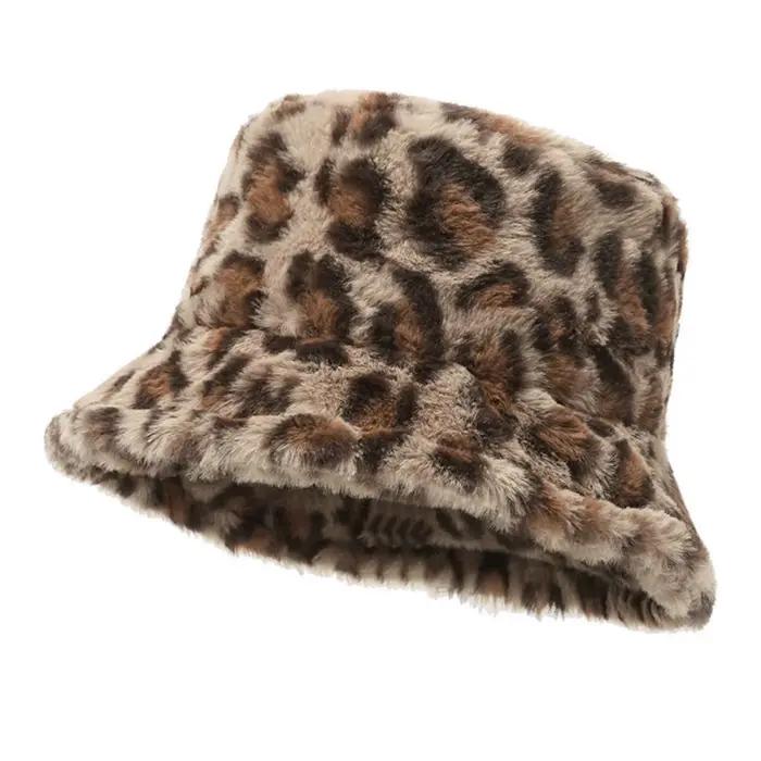 Chapeau seau léopard flou pour femmes, fausse fourrure douce, imprimé Animal tendance, accessoire de