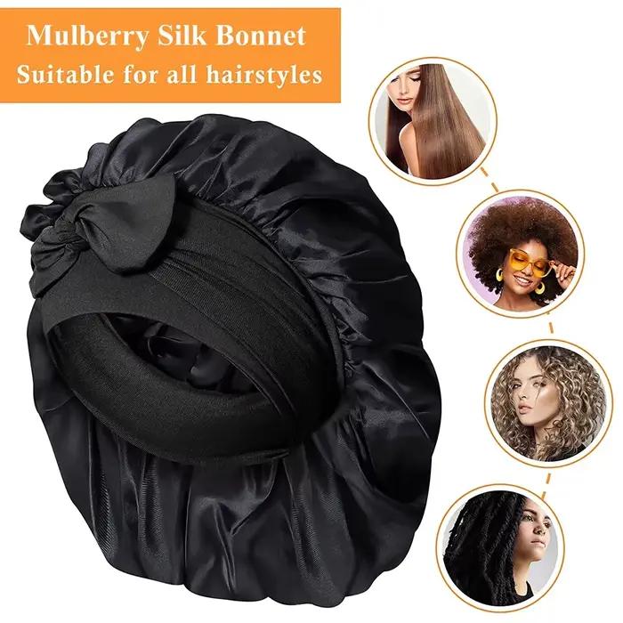 Bonnet de couchage en soie de mûrier pour femmes, cheveux bouclés, réglable, en Satin, large bande é