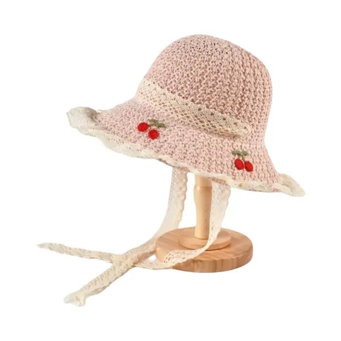 Chapeau de soleil pour femme brodé cerises, couleur unie, style coréen, chapeau de pêcheur en paille