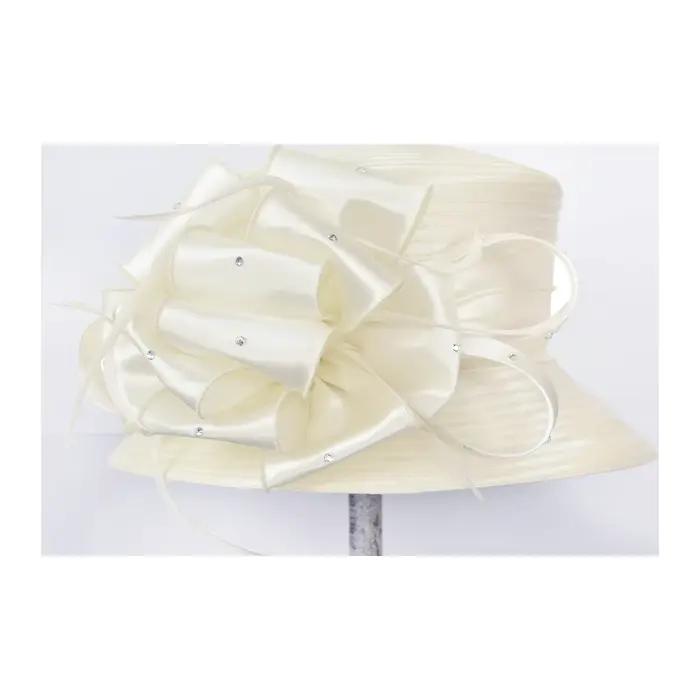 Chapeau élégant en satin pour femme, style Derby, à large bord, orné de strass et de fleurs, idéal p