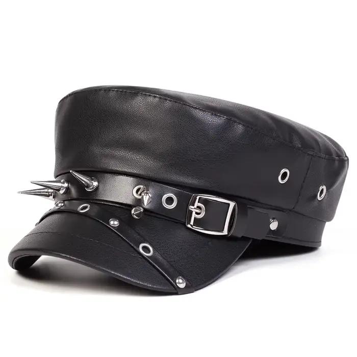 Chapeau en cuir unisexe à boucle à rivets, chapeau de marin printemps-automne, béret noir, casquette